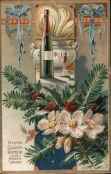 Tuck's New Year Greetings Series 600 - Champagne, Horseshoes and Holly Branch Postcard