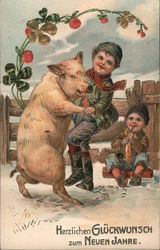 Children playing in the snow with a pig Pigs Postcard Postcard Postcard