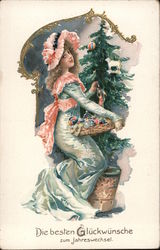 Tuck's New Year Post Cards 113 - "Die Besten Glückwunsche zum Jahreswechsel" - Woman Decorating Tree Beautiful Ladies Postcard P Postcard