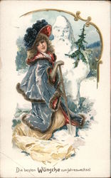 Die Besten Wunsche zum Jahreswechsel - Woman with snowman Women Postcard Postcard Postcard