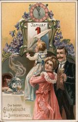 Young girl changing calendar date to January 1: "Best of luck in the new year" Postcard