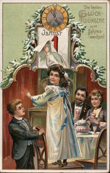 New Years - Two Children Revealing the New Year Postcard