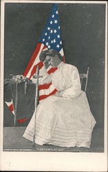 "Contemplation" woman sitting with sword and garments. United States Flag behind her. Postcard