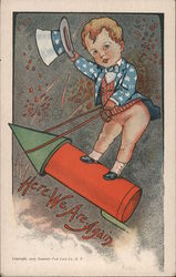 A pants less child with a suit jacket with stars on it riding a rocket. Patriotic Postcard Postcard Postcard