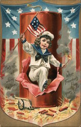 4th of July Girl w/ Flag Bursting Out of Giant Firecracker Postcard