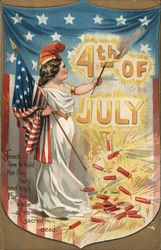 Tuck's Independence Day 109 - Woman in White Gown and Phrygian Cap w/ Flag and Firecrackers 4th of July Postcard Postcard Postcard