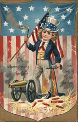 Little girl, in Uncle Sam suit, holding a flag and shooting fireworks/cannon. 4th of July Postcard Postcard Postcard