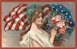 A woman carring a flag over her shoulder Postcard