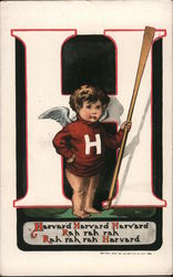 Harvard Cherub standing in front of a large H with a large stick. Universities Postcard Postcard Postcard