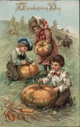 Thanksgiving Day - Three Children, Each With a Pumpkin Postcard