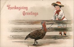 Thanksgiving Greetings, boy at fence with turkey on a leash Postcard