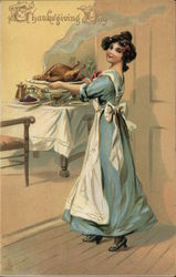 Thanksgiving Day - Woman Carrying Cooked Turkey to Table Postcard