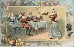 Thanksgiving Day - Men & Women Pilgrims Around the Dinner Table Served by a Pilgrim Woman Postcard Postcard Postcard