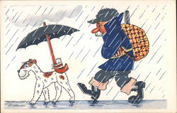 Happy dog holding an umbrella in the rain, followed by his cold master Postcard