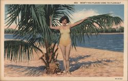 Won't You Please Come to Florida? - Woman in Yellow Swimsuit Postcard