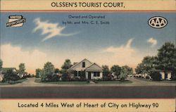 Olssen's Tourist Court, located 4 miles West of heart of city on Highway 90. Owned and operated by Mr. and Mrs. C.E. Smith Postcard