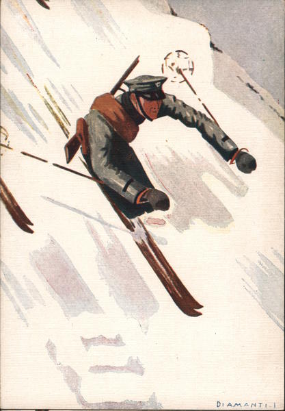 Soldier of the Railway Militia skiing Italy World War II Postcard