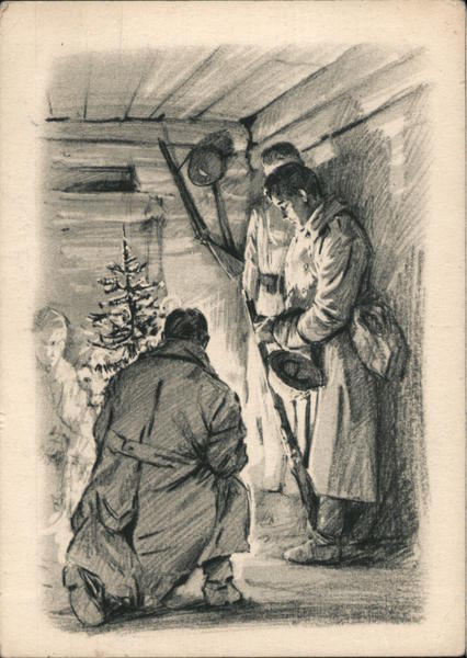 Soldiers in Winter Camp, in Prayer, Christmas Tree Nazi Germany Postcard