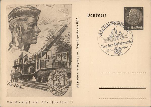 Mobile Heavy Artillery on Railroad Car, Soldier w Utility Cap 1941 Postcard