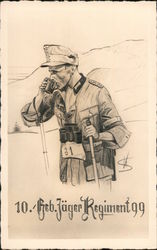 Jäger Regiment - Soldier on Skis, Drinking Nazi Germany Postcard Postcard Postcard