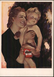 Woman Holding Blonde Haired Baby, with Italian and Nazi Flags World War II Postcard Postcard Postcard