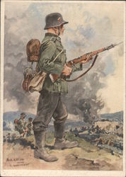 German Soldier, Artist Signed Postcard