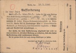 Summons to Appear at Registration, Berlin, 1945, w Military ID Nazi Germany Postcard Postcard Postcard