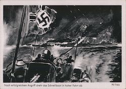 German WWII Navy, After Successful Attack the Fast Boat Speeds Off Postcard