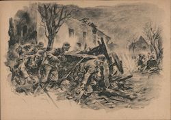 German WWII Army, Wehrmacht Unit Fighting in Village Behind Barricade Postcard