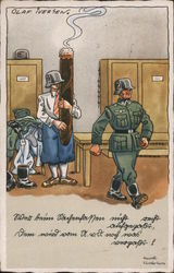 German Soldiers' Comics, Soldier and Woman Holding Huge Cigar in Locker Room Postcard