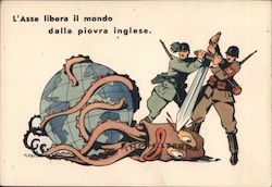 Italian and German Soldiers Kill England as Octopus Strangling the Globe Postcard