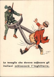 Italian Propaganda, English John Bull Caught in Pincers by Italian Soldier Postcard