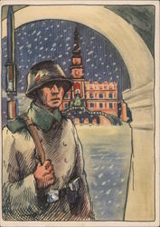 Germany WWII, German Soldier in Poland (?), Snow Postcard