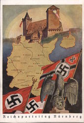 1939 Germany Nazi Party Meeting in Nurnberg, with Castle, Map,  and Swastika Postcard