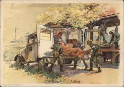 Germany WWII, "The German Red Cross in Action", Wounded Soldier, Ambulance Postcard