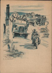 Germany WWII, Motorized Column of Soldiers, Motorcycle Postcard