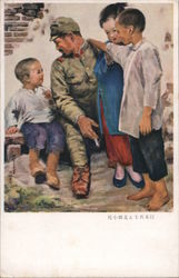 Japan WWII, Japanese Soldier w Children, Smoking World War II Postcard Postcard Postcard