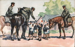 Japanese Schoolchildren Handing Flags to Cavalry Soldiers Postcard