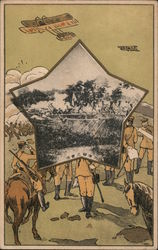 Photograph of Japanese Soldiers Marching Superimposed on Drawing of Japanese Soldiers Postcard