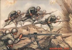 Infantry soldiers with rifles going into attack during the battle. Postcard