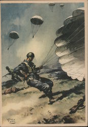 Soldiers with parachute landing on the ground. Postcard