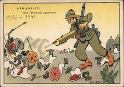 Humorous cartoon of an Italian soldier chasing the natives of East Africa Postcard