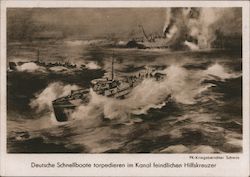 Navy, WWII, German PT Boats Torpedo an Enemy Escort Cruiser Nazi Germany Postcard Postcard Postcard