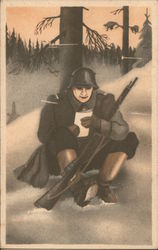 Drawing, Soldier Reads a Letter uner a Tree Nazi Germany Postcard Postcard Postcard