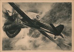 German Fighter Plane Shoots French Barrage Balloon Postcard