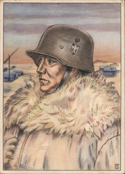 Sketch of Named Iron Cross Recipient, Winter Uniform, Helmet Nazi Germany Postcard Postcard Postcard