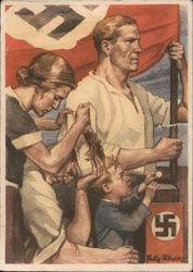 Propaganda, Woman Binding Wound of Man, Flag, Swastika, "Donation Card" Postcard