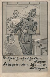 Military Humor, Fat Soldier at Mess Window w Cook Postcard