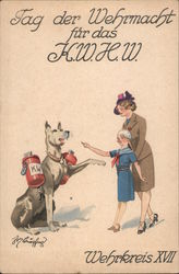 Friendly Dog Soliciting Help from Child & Mother, War-time Winter Assistance Fund Nazi Germany Postcard Postcard Postcard