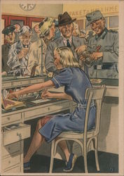 "Women Working for You", Beautiful Blond Woman Working at Post Office, Soldier Nazi Germany Postcard Postcard Postcard